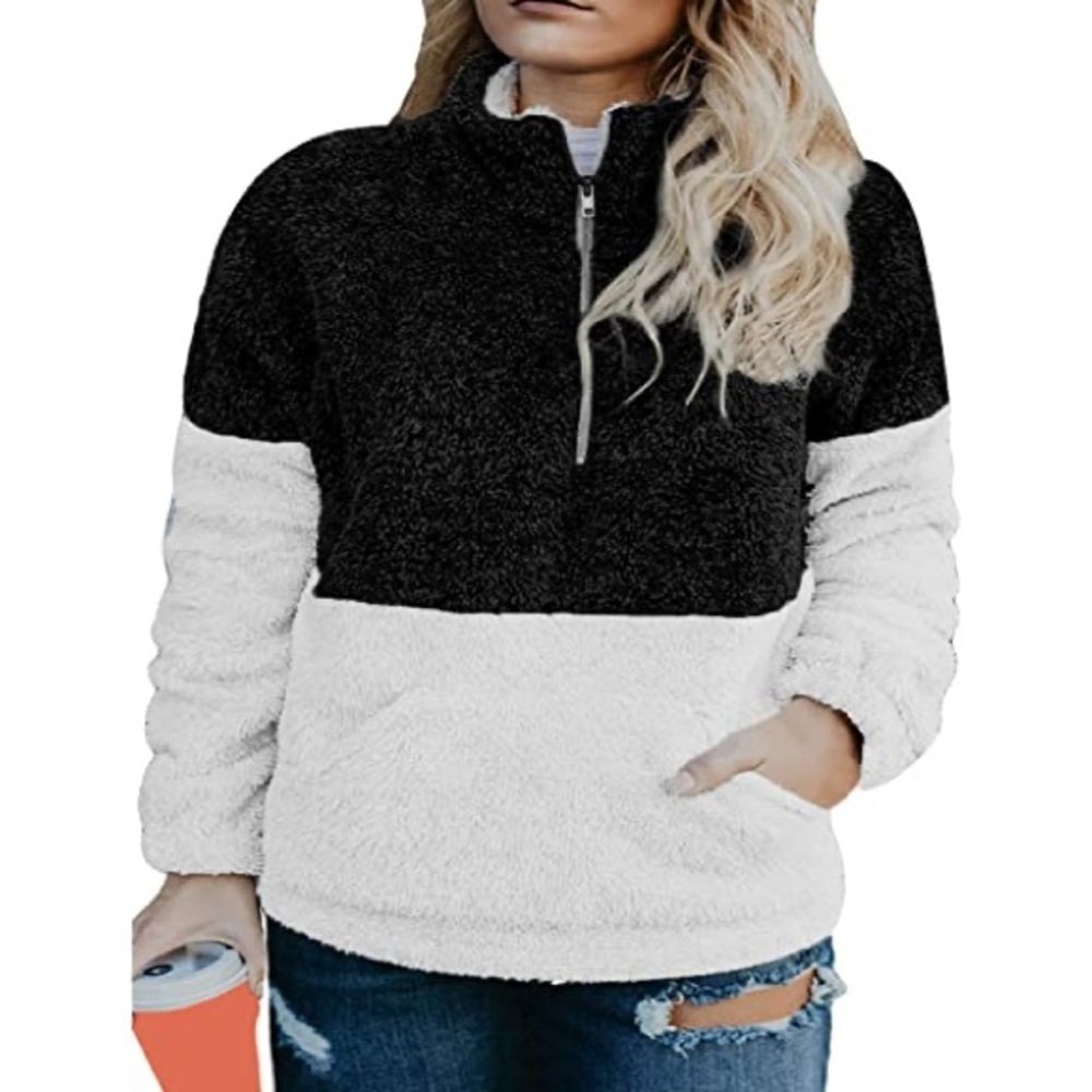 Women’s Ladies Sherpa Quarter Zip Pullover, Size L, Black & Cream Color